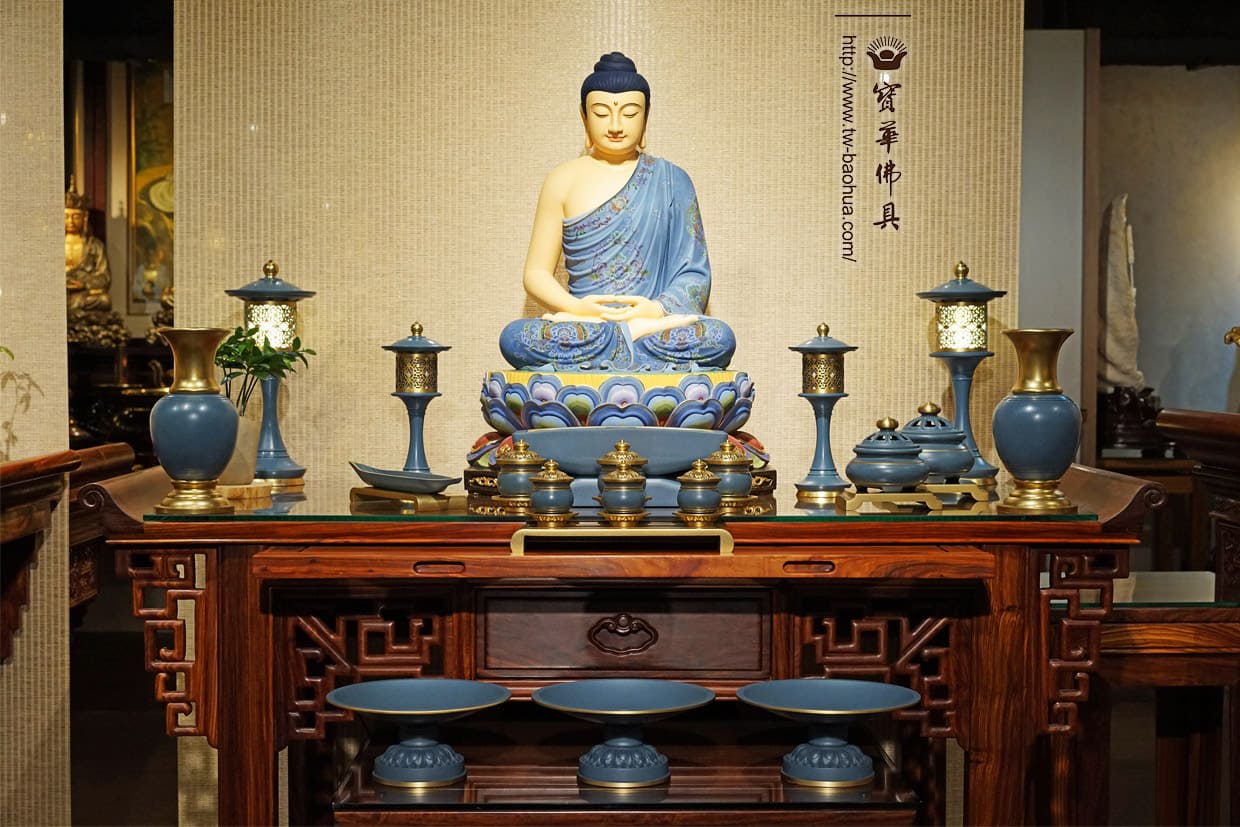 佛具-熱染藍-寶華-銅器-香爐-佛燈-供杯-茶几