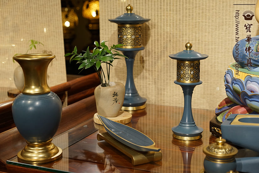 佛具-熱染藍-寶華-銅器-香爐-佛燈-供杯-茶几