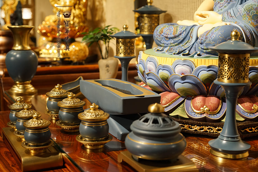 佛具-熱染藍-寶華-銅器-香爐-佛燈-供杯-茶几